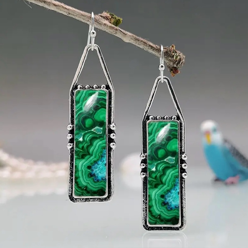 Green Dangle Earrings Silver Tone Drop Lightweight Statement Gift